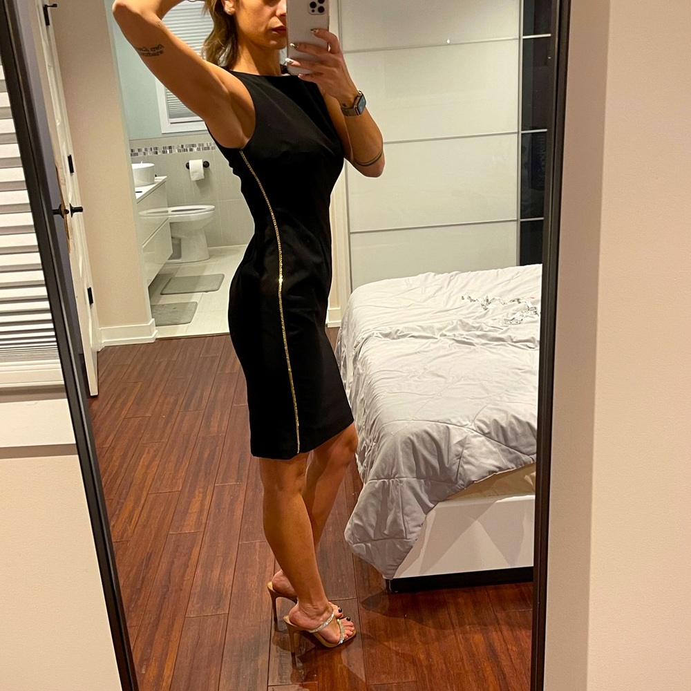 Calvin Klein Black Sheath Dress, Size 2, Like new, golden chain side details